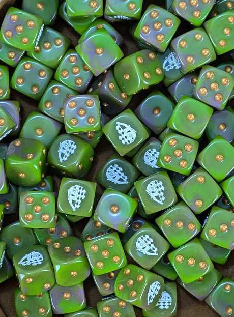 Pile of green and purple jester mask 16mm D6 dice for a sci-fi alien army