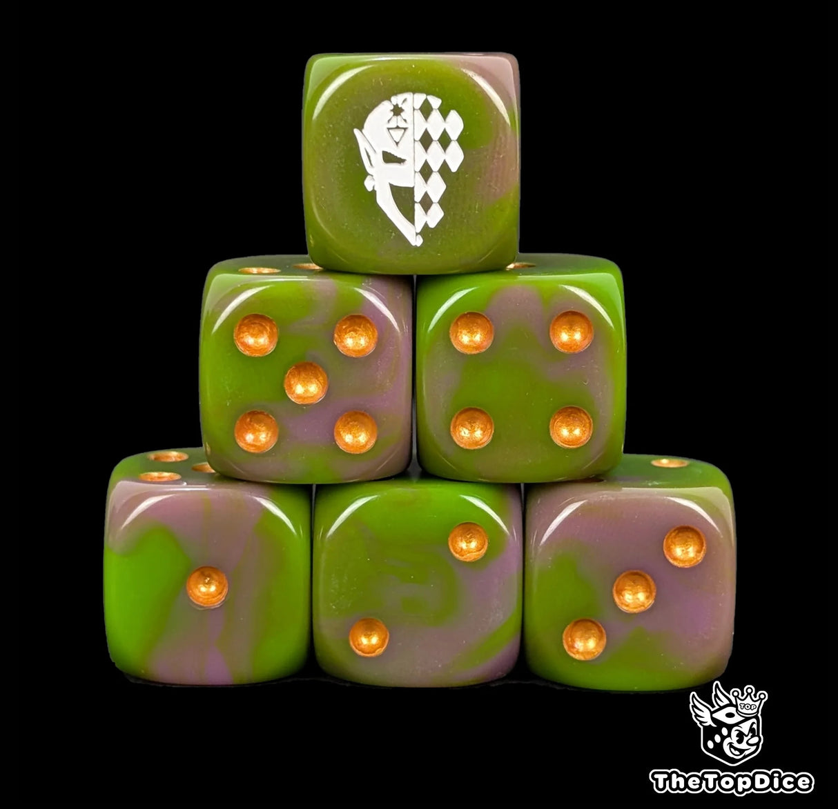 Green and purple 16mm D6 dice with a white jester mask emblem and gold pips for sci-fi wargaming