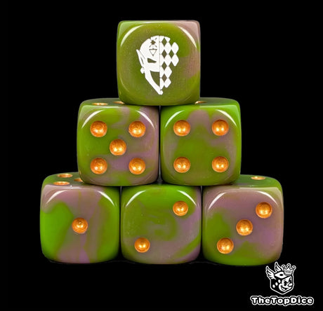 Green and purple 16mm D6 dice with a white jester mask emblem and gold pips for sci-fi wargaming