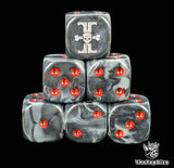 Black and grey 16mm D6 dice with a skull and silver sigil emblem and red pips for sci-fi wargaming