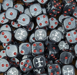 Pile of black and grey inquisition 16mm D6 dice for a sci-fi kill squad