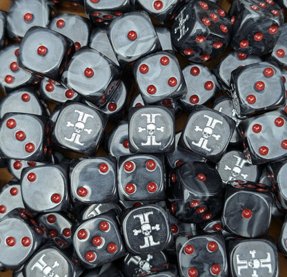 Pile of black and grey inquisition 16mm D6 dice for a sci-fi kill squad