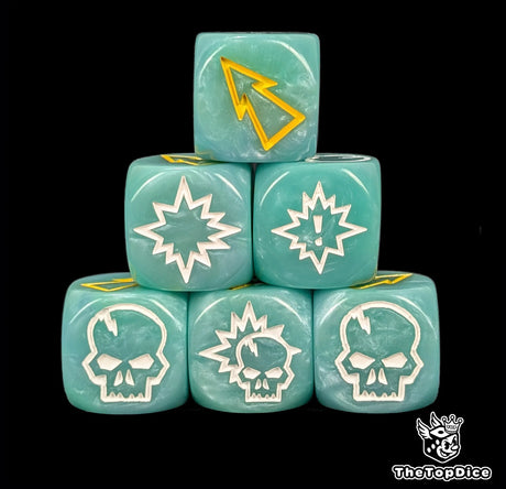 Close up of three turquoise 16mm block dice with yellow pips for resolving blocks