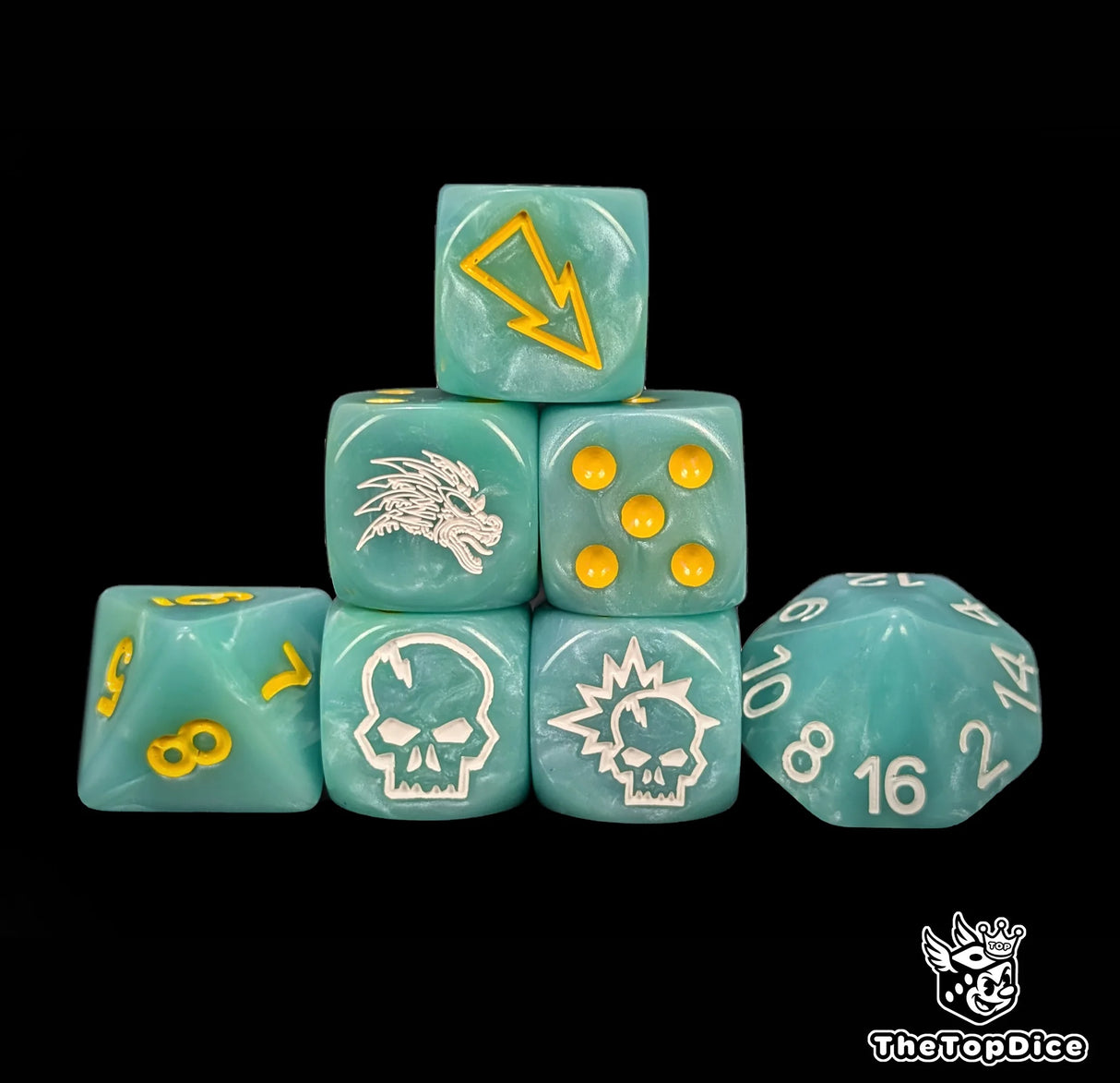 Turquoise jungle amazon fantasy football dice set of seven 16mm resin dice compatible with Blood Bowl
