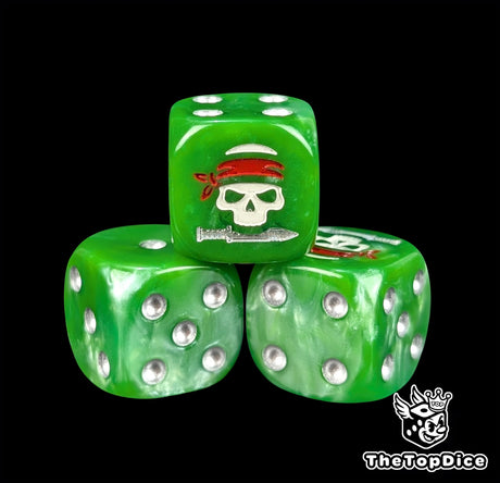 Close up of a jungle green 16mm resin D6 die engraved with a skull, red bandana and crossed knife