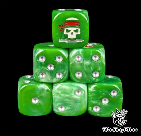 Jungle green 16mm D6 dice with a skull in a red bandana over a knife and silver pips for sci-fi wargaming
