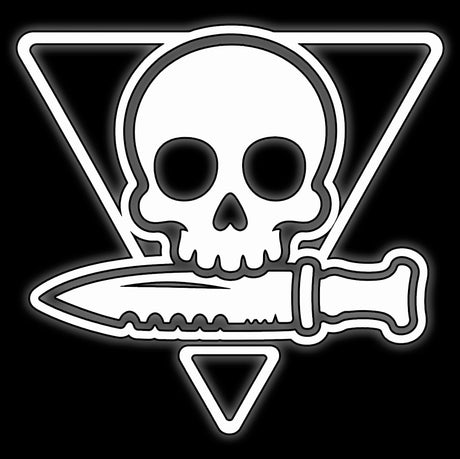 Outlined skull over an inverted triangle with a combat knife, white on black, kill squad 16mm dice