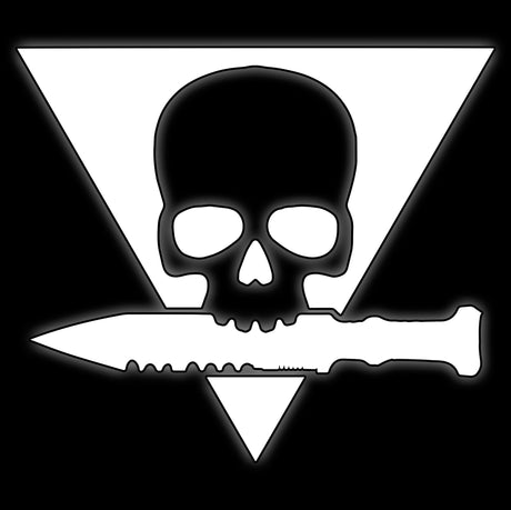 Filled triangle badge with skull and combat knife, white on black, kill squad skirmish 16mm dice