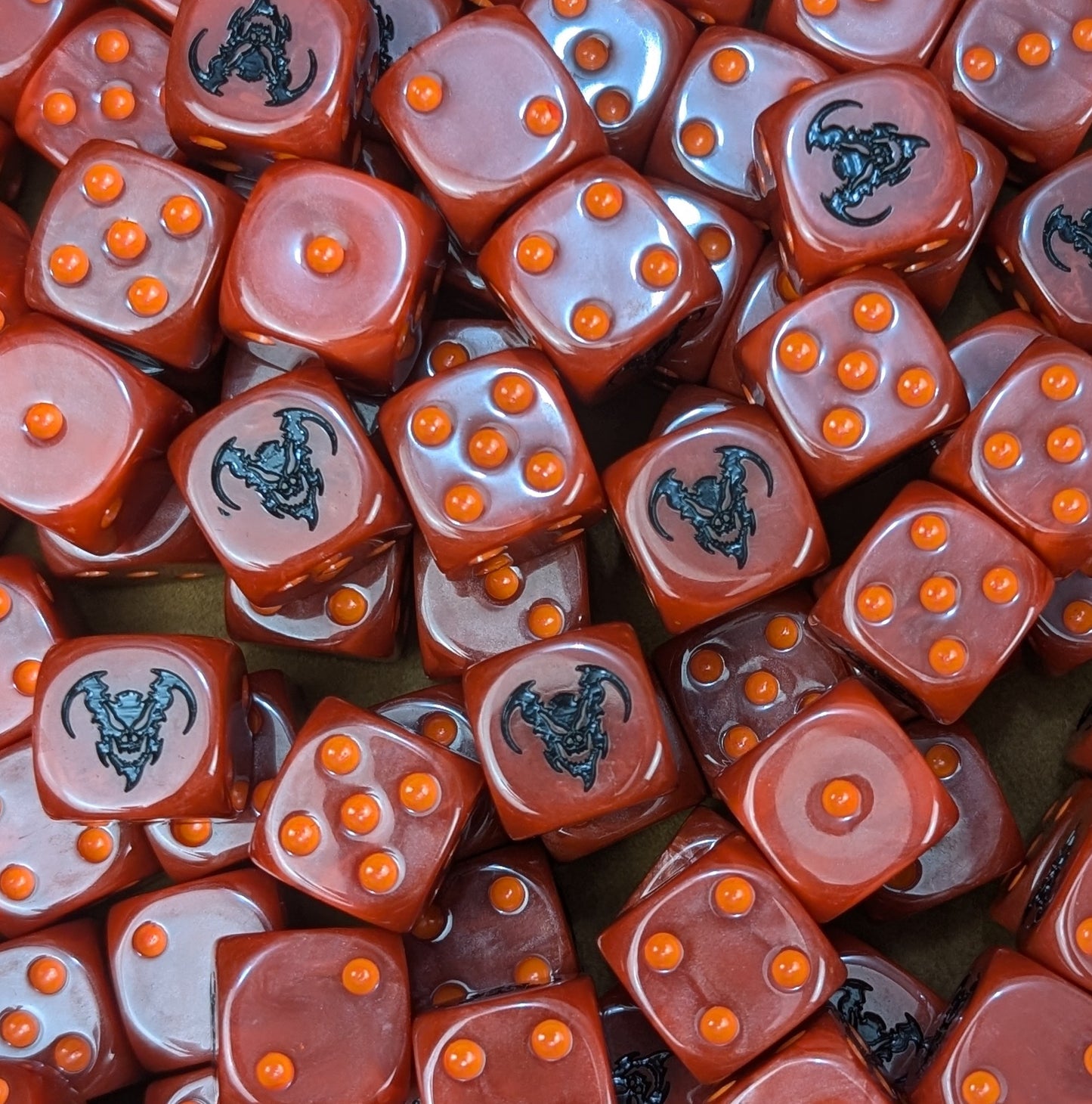 Custom black and red dice for shadow demon tabletop warbands