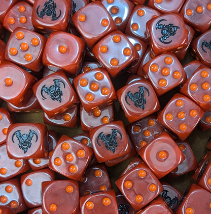 Custom black and red dice for shadow demon tabletop warbands