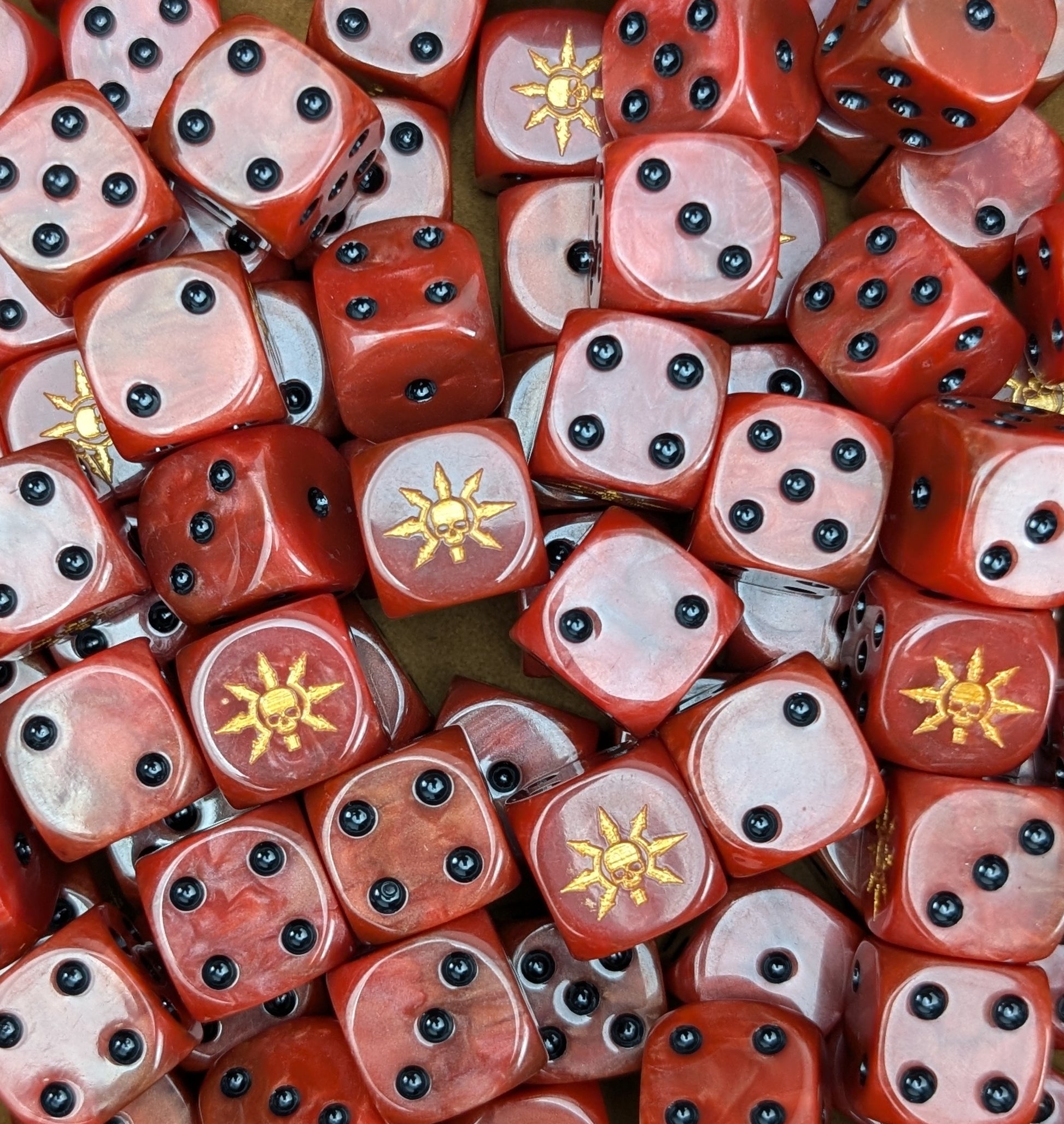 Custom red and gold dice for Warhammer chaos forces