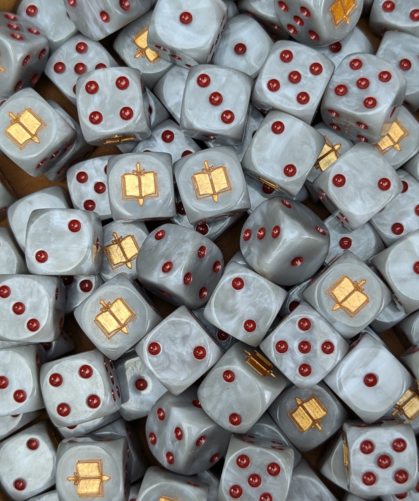 Custom grey, red and gold dice for Warhammer Grey Knights units