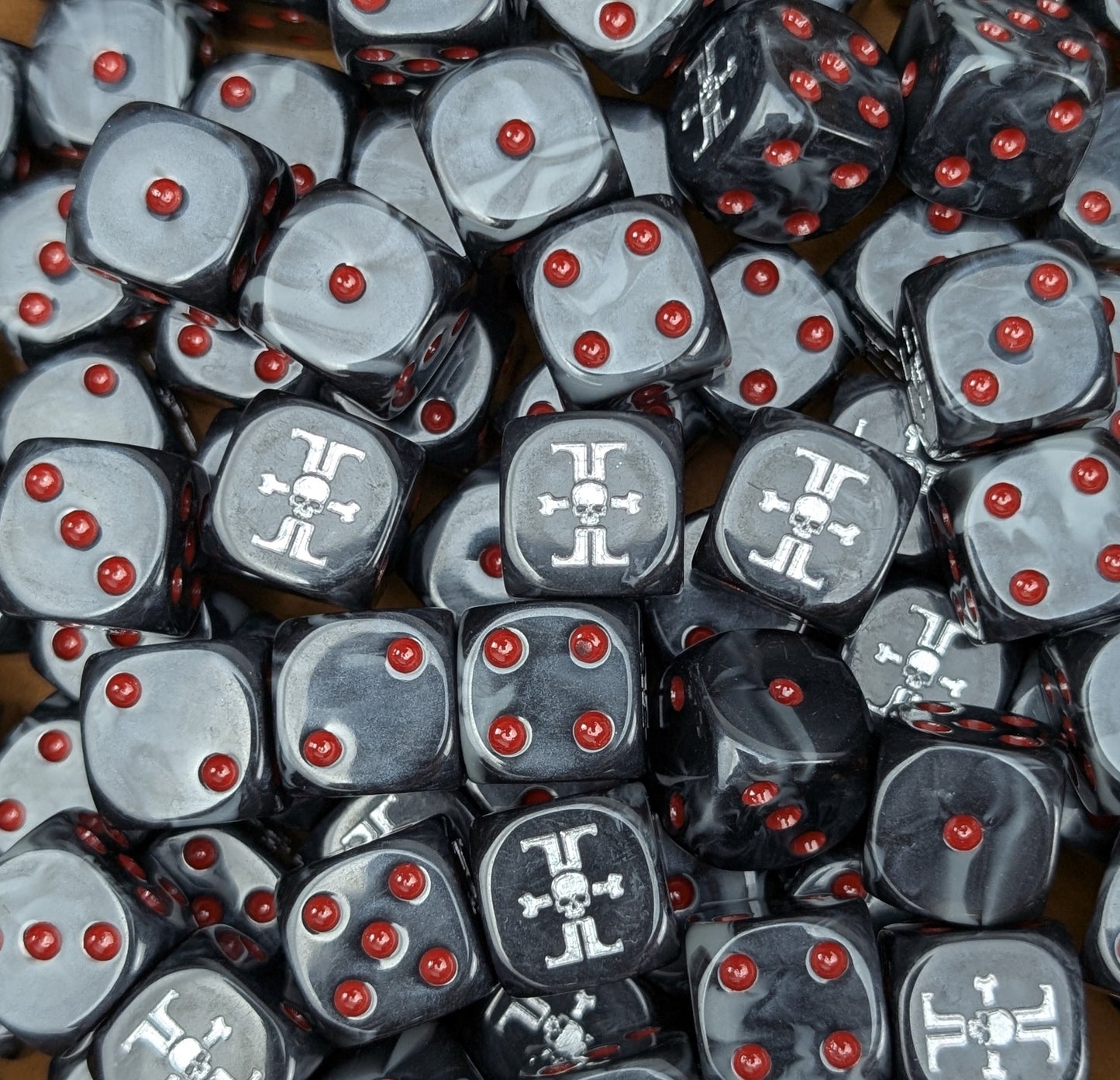 Custom black and silver dice for Warhammer Inquisition strike forces