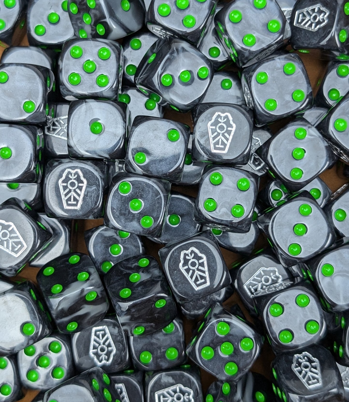 Custom black and green dice for Warhammer Necron forces