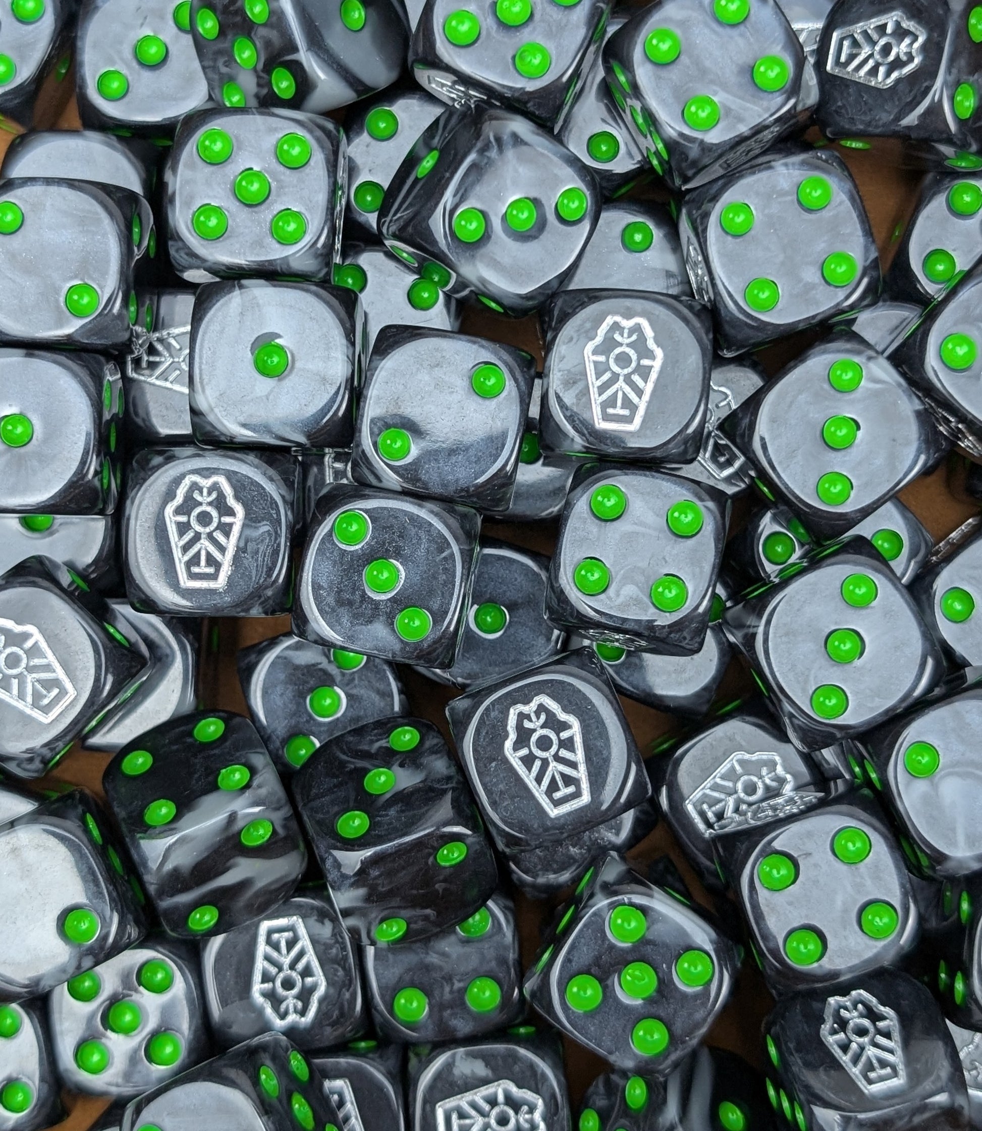 Custom black and green dice for Warhammer Necron forces
