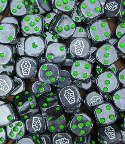 Custom black and green dice for Warhammer Necron forces