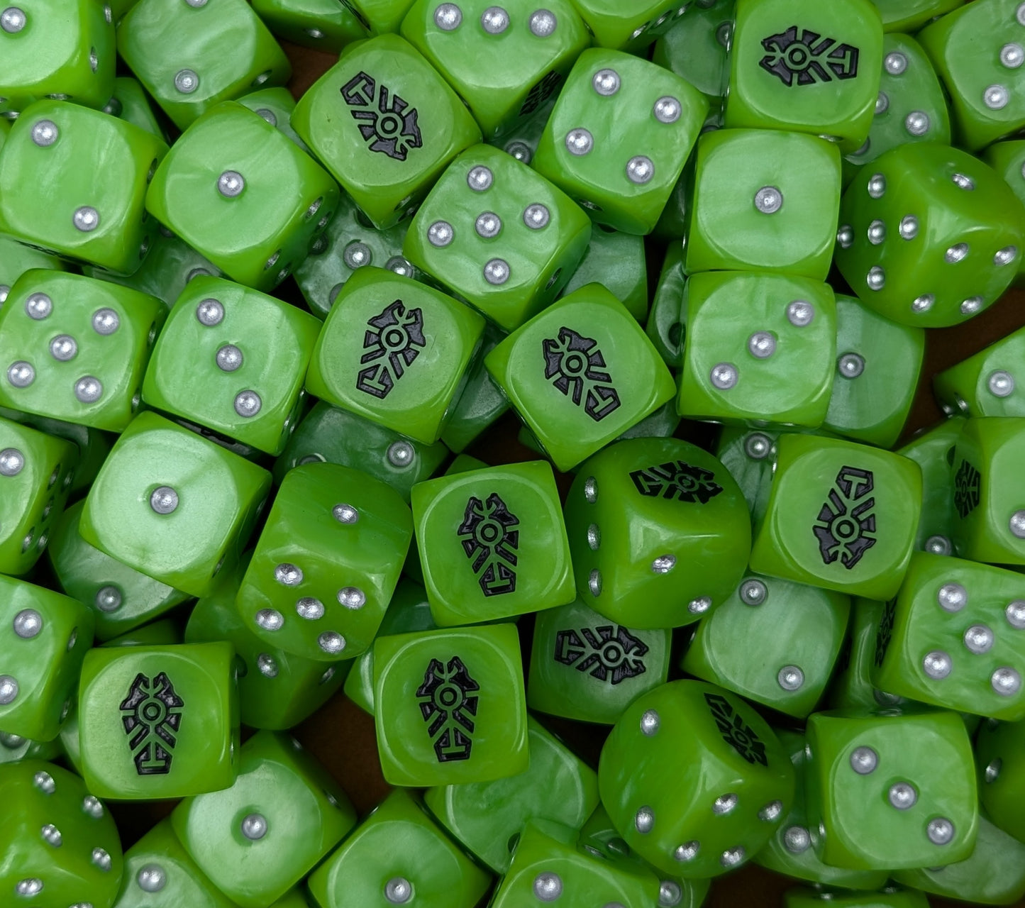 Custom neon green and black dice for Necron dynasties in wargames