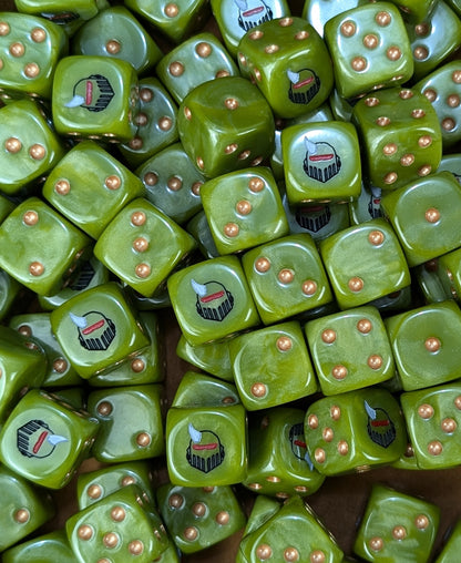 Custom green and bone dice for Warhammer Plague Marine forces