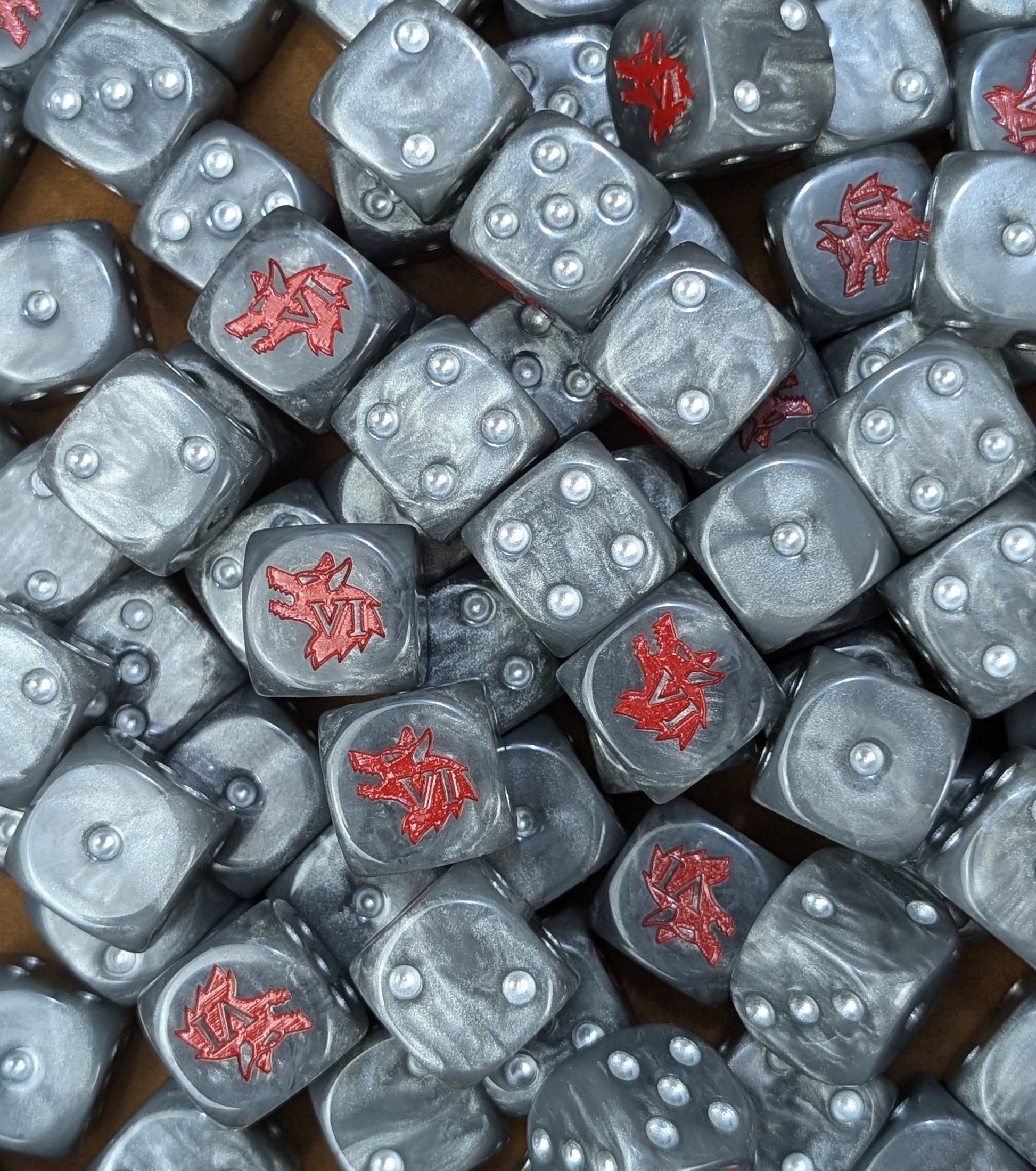 Custom grey and red dice for Warhammer Space Wolves 30K forces