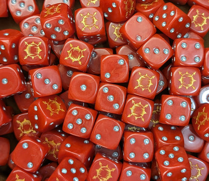 Custom red and brass dice for Warhammer World Eaters forces