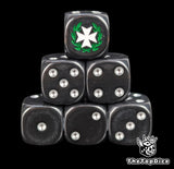 Black 16mm D6 dice with a white cross and green laurel emblem and silver pips for sci-fi wargaming
