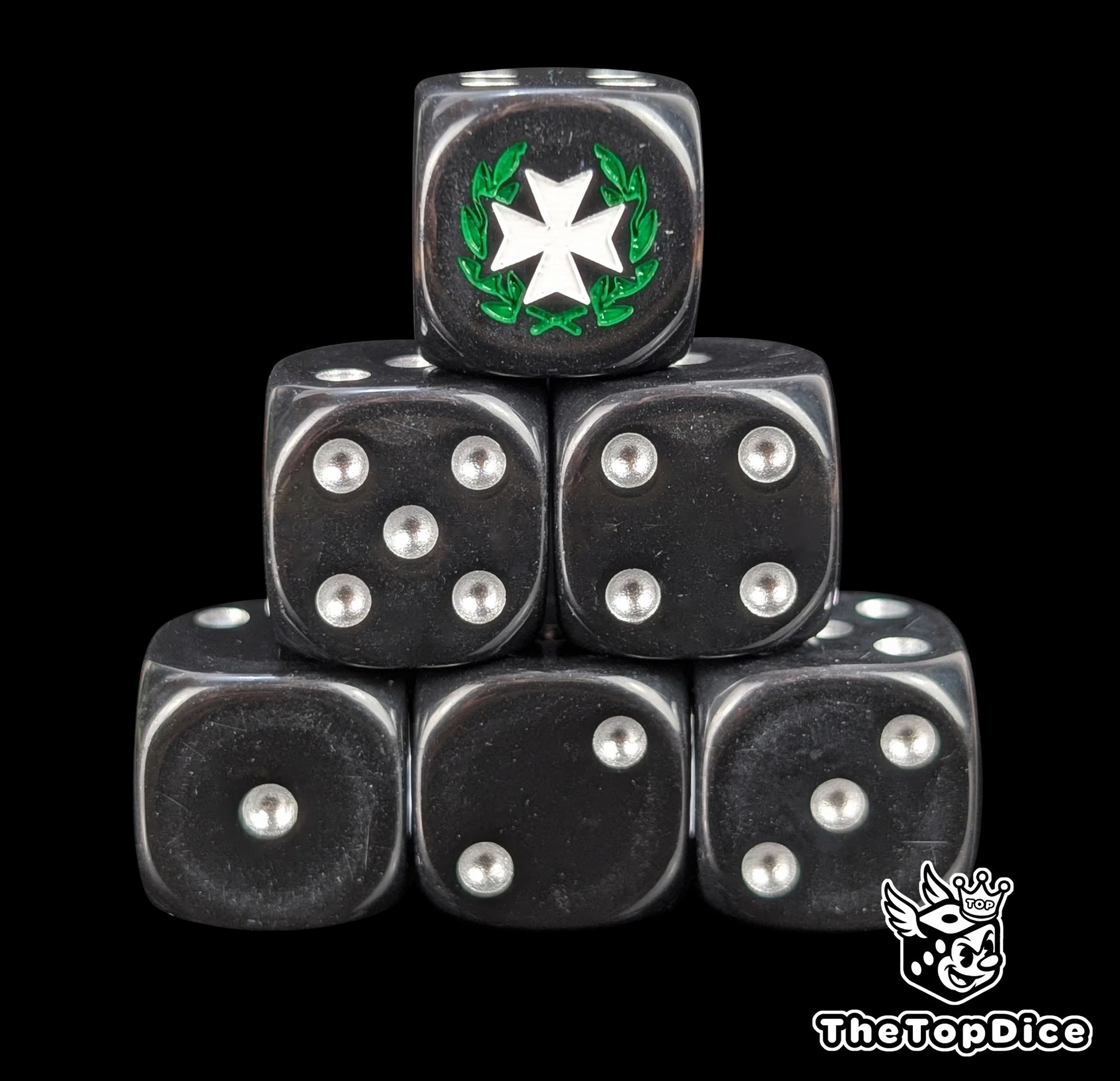 Black 16mm D6 dice with a white cross and green laurel emblem and silver pips for sci-fi wargaming