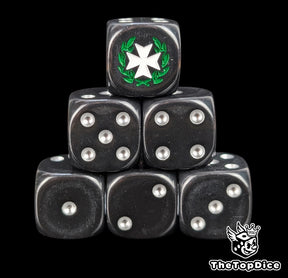 Black 16mm D6 dice with a white cross and green laurel emblem and silver pips for sci-fi wargaming