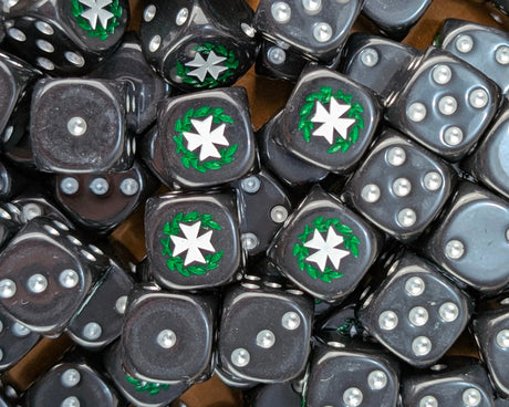 Pile of black laurel cross 16mm D6 dice for a sci-fi knight army