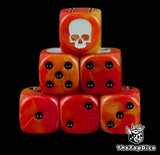 Legion of the Damned Kill Team Armageddon dice, orange, yellow and red fire swirl 16mm resin D6 with black pips and a white skull, stacked in a pyramid