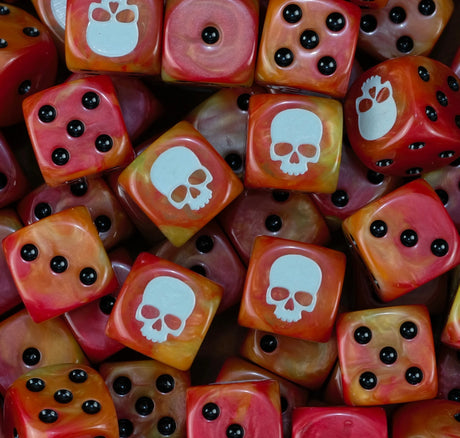 Pile of fire swirl Legion of the Damned dice in orange, yellow and red with black pips and white skulls