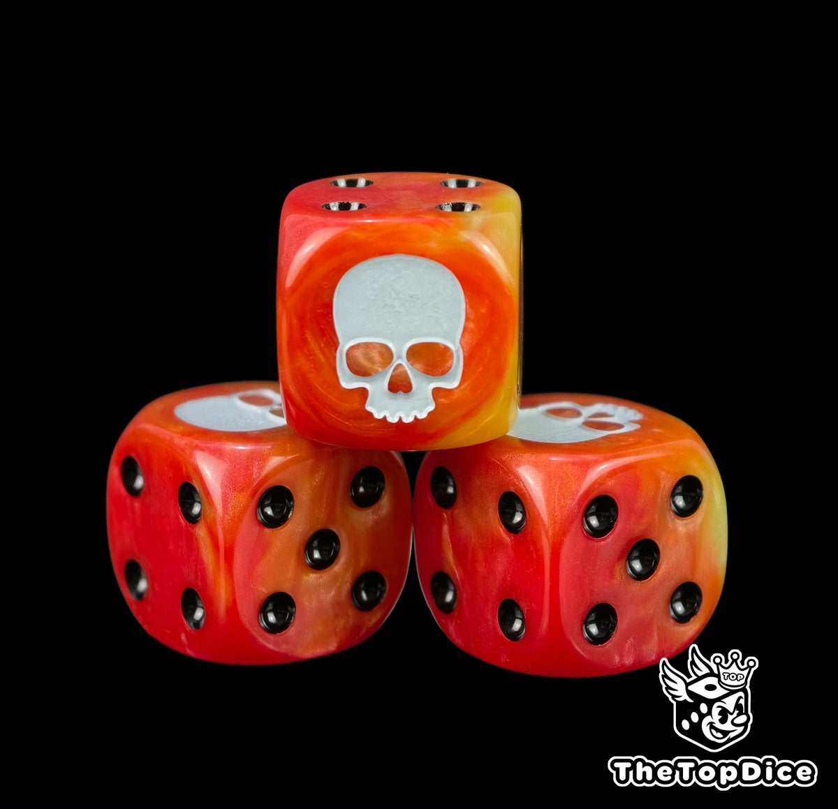 Close up of the white skull engraved and hand filled on a fire coloured Legion of the Damned 16mm D6 die