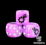 Three orchid purple Hedonites of Slaanesh dice with a black sigil