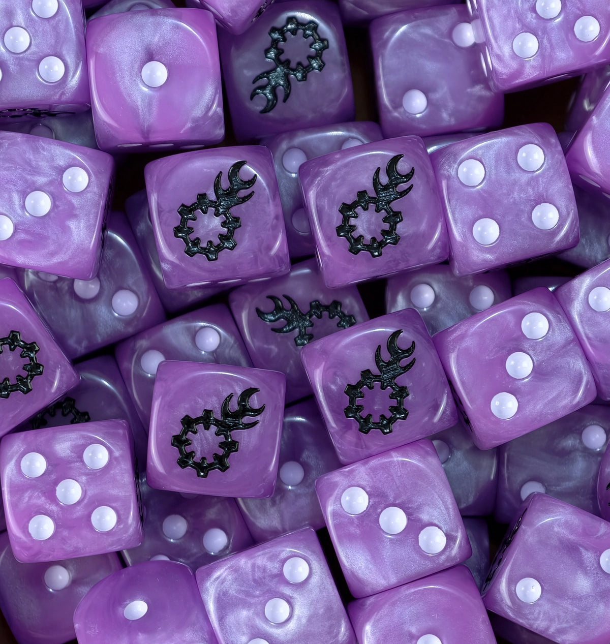 A pile of lilac Slaanesh D6 with white pips and black sigils