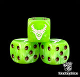 Three lime green wood elf dice with a white antlered tree face