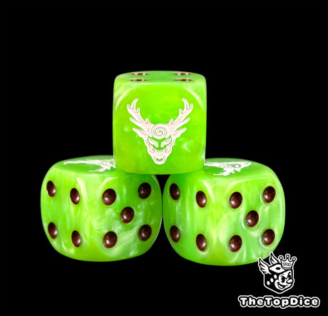 Three lime green wood elf dice with a white antlered tree face