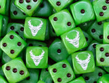 A pile of lime green Sylvaneth D6 with brown pips and tree faces