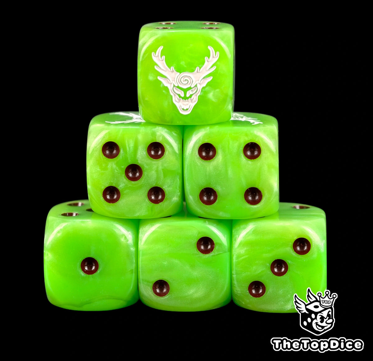Six lime green Sylvaneth D6 stacked, brown pips and a tree face