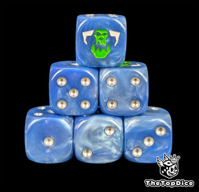 Blue resin D6 dice with a green orc emblem and silver pips