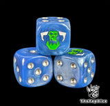 Close-up of a blue D6 die with a grinning green orc