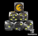 Six black goblin dice stacked, yellow grinning moon above olive green pips