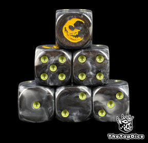 Six black goblin dice stacked, yellow grinning moon above olive green pips