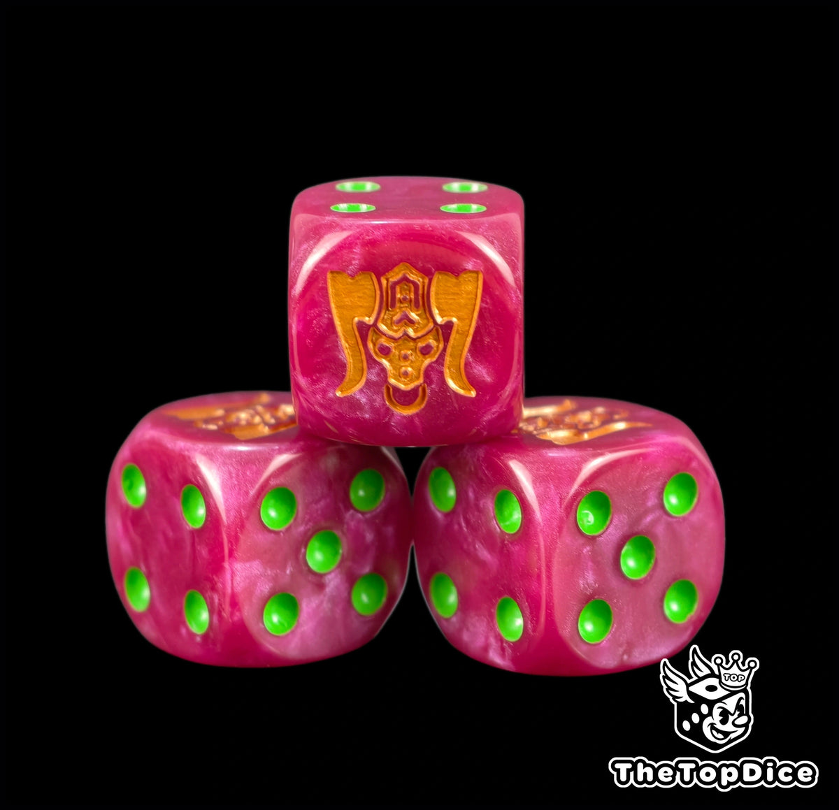 Three magenta 16mm chaos duardin D6, gold bull head beside green pips