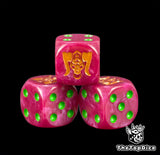 Three magenta 16mm chaos duardin D6, gold bull head beside green pips
