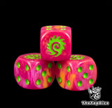 Three pink and orange Zerg dice with green pips and a swarm spiral