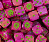 A full pile of pink Zerg D6 with green pips and swarm spirals