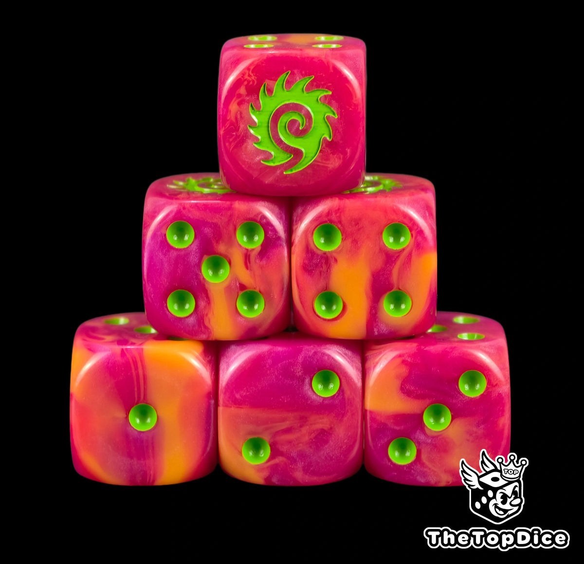 Six pink Zerg D6 stacked, green pips and a green swarm spiral