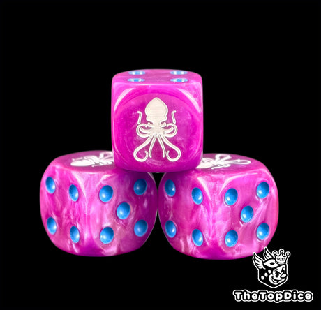 Three magenta 16mm Space Marine D6, white kraken beside glassy blue pips