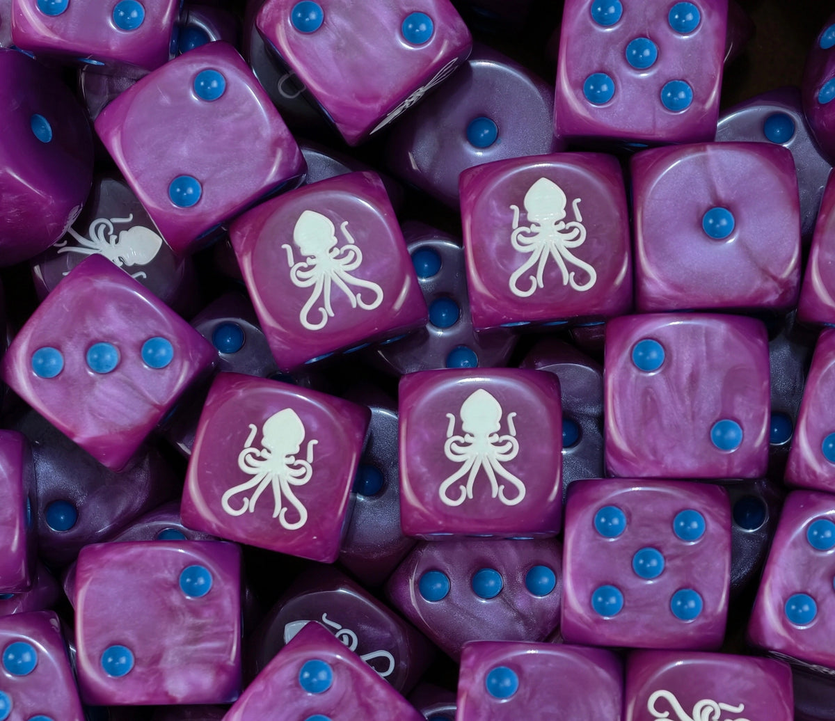 A pile of magenta kraken dice, white tentacles and blue pips repeating