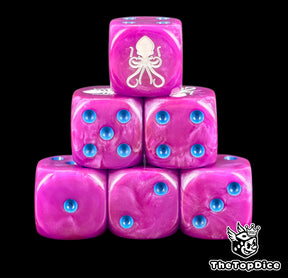 Six magenta Dark Krakens dice stacked, white kraken above blue pips