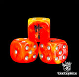 Three fiery duardin dice with silver pips and a black rune axe